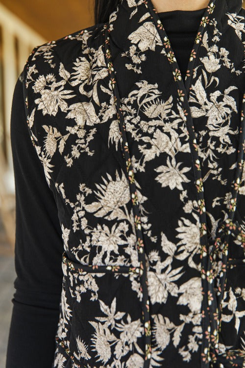 Floral Print Tie Vest, Black