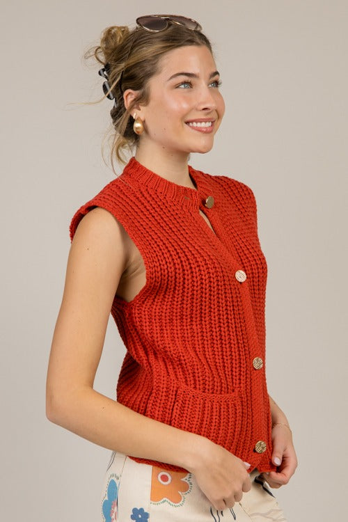 Button Sweater Vest, Red Orange