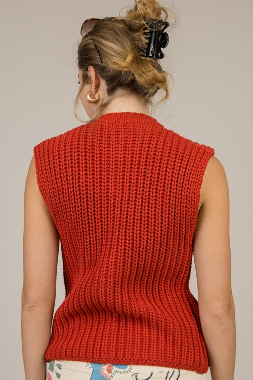 Button Sweater Vest, Red Orange