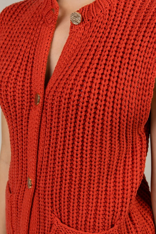 Button Sweater Vest, Red Orange