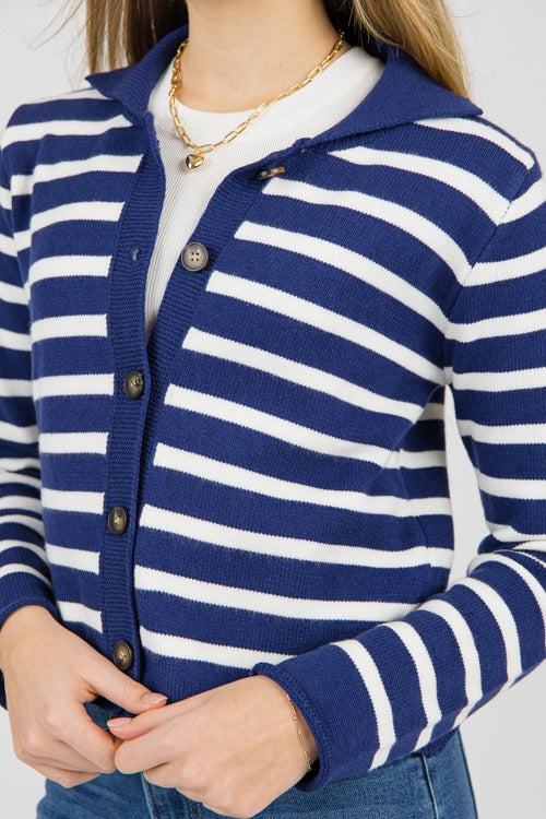 Collared Button Sweater, Navy Stripe