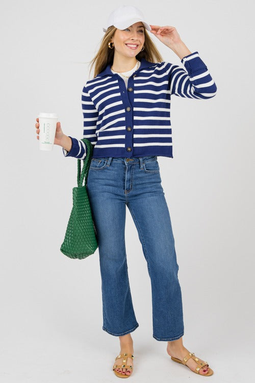 Collared Button Sweater, Navy Stripe