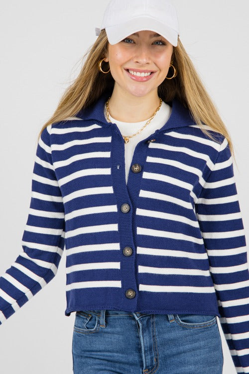 Collared Button Sweater, Navy Stripe