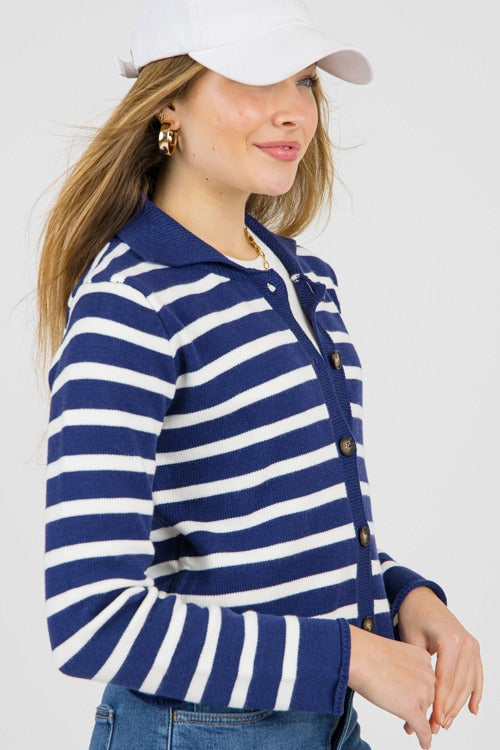 Collared Button Sweater, Navy Stripe