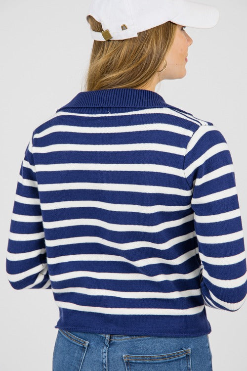 Collared Button Sweater, Navy Stripe