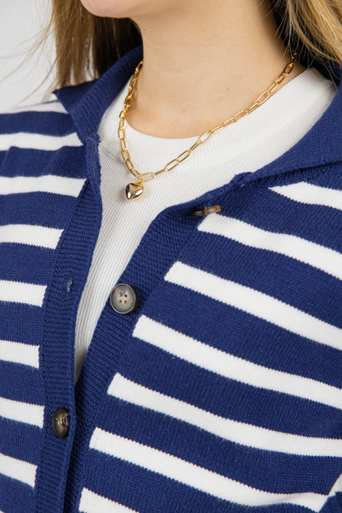 Collared Button Sweater, Navy Stripe