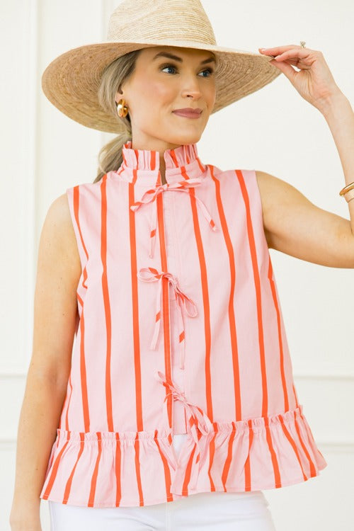 Triple Tie Stripe Tank, Coral Pink
