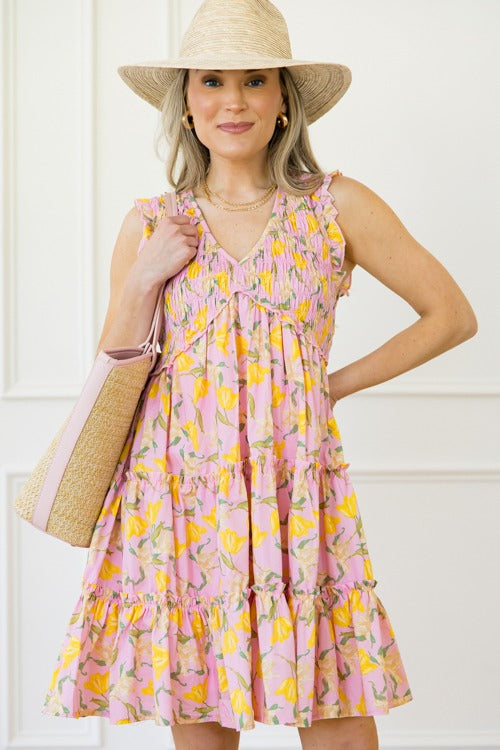 Daffodil Smock Dress, Pink/Yellow