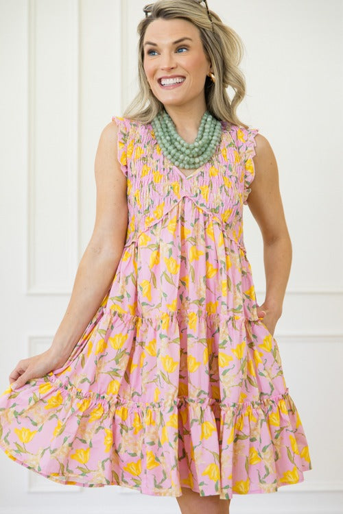 Daffodil Smock Dress, Pink/Yellow