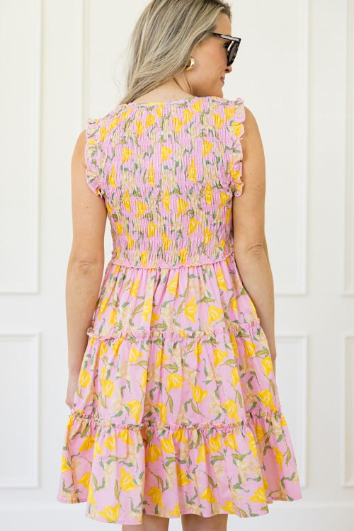Daffodil Smock Dress, Pink/Yellow