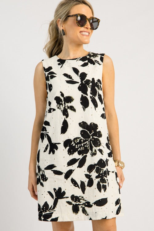 Eyelet Floral Button Dress, Black
