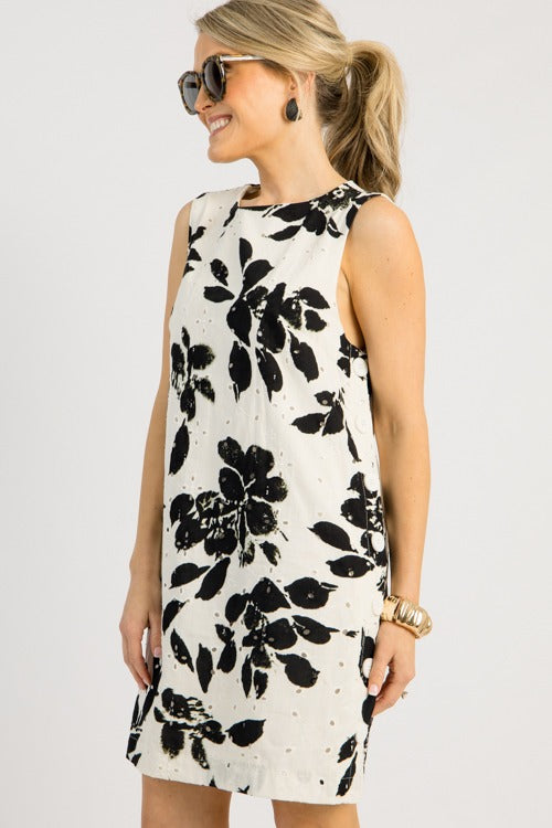 Eyelet Floral Button Dress, Black