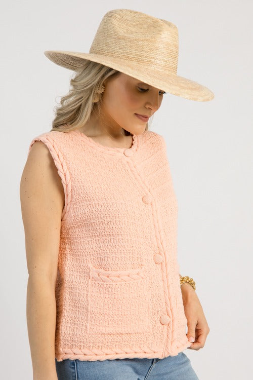 Braided Trim Sweater Vest, Baby Pink