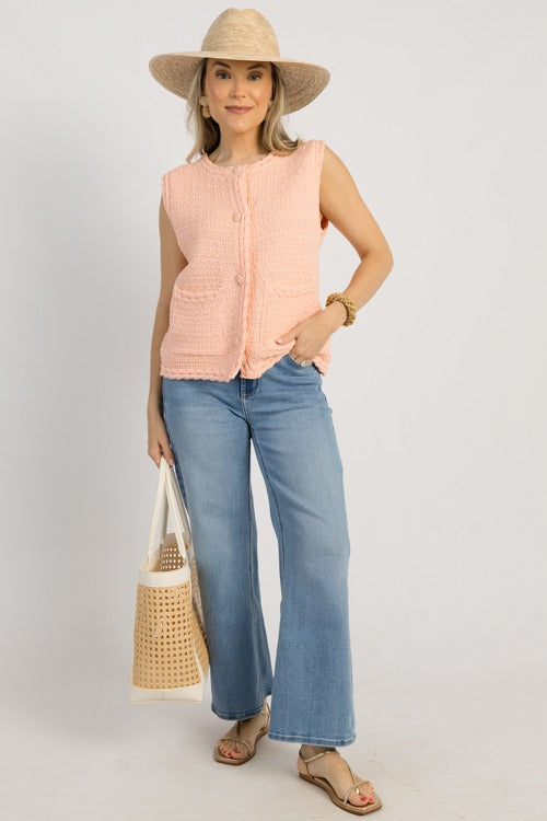 Braided Trim Sweater Vest, Baby Pink