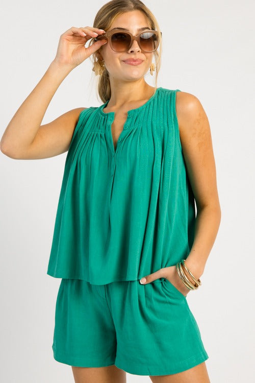 Pintuck Button Tank, Kelly Green