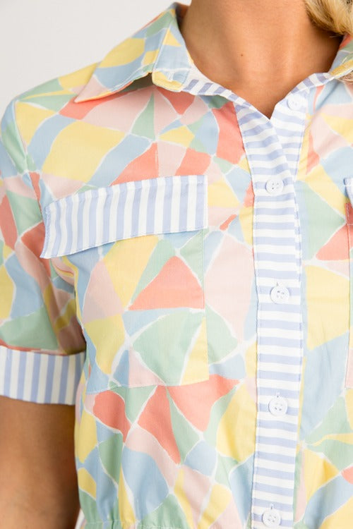 Abstract Stripe Trim Dress, Multi