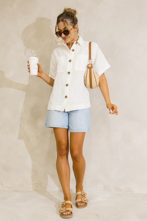 Short Sleeve Linen Shirt, Off White