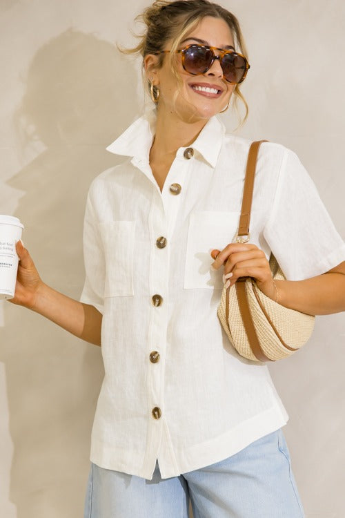 Short Sleeve Linen Shirt, Off White