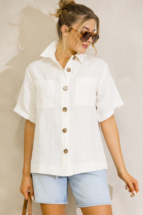 Short Sleeve Linen Shirt, Off White