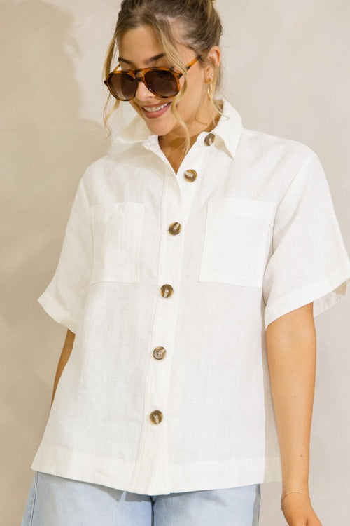 Short Sleeve Linen Shirt, Off White