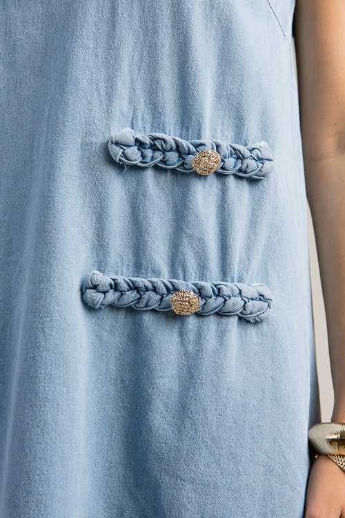 Braided Trim Chambray Dress, Light