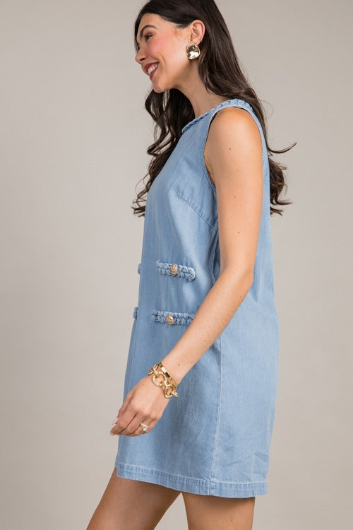 Braided Trim Chambray Dress, Light