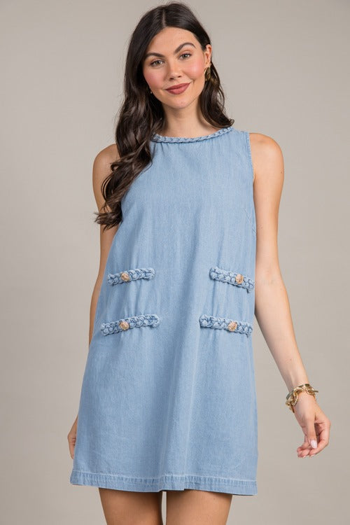 Braided Trim Chambray Dress, Light