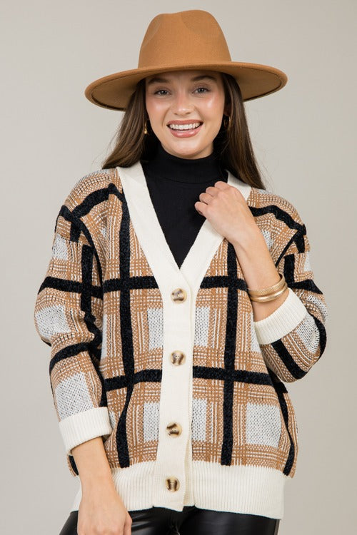Plaid Button Cardigan, Caramel