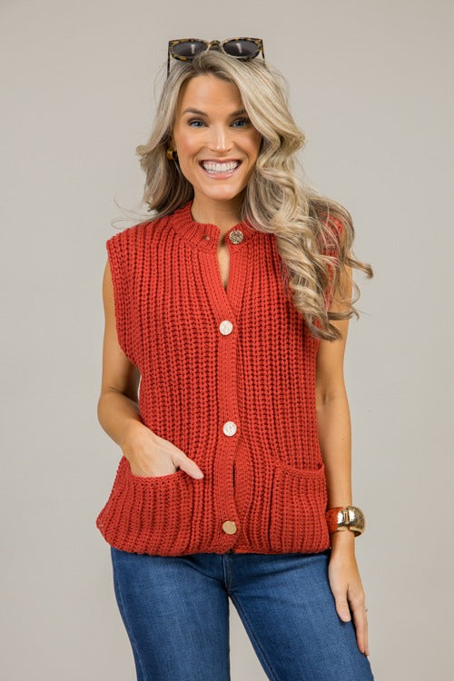 Button Sweater Vest, Red Orange
