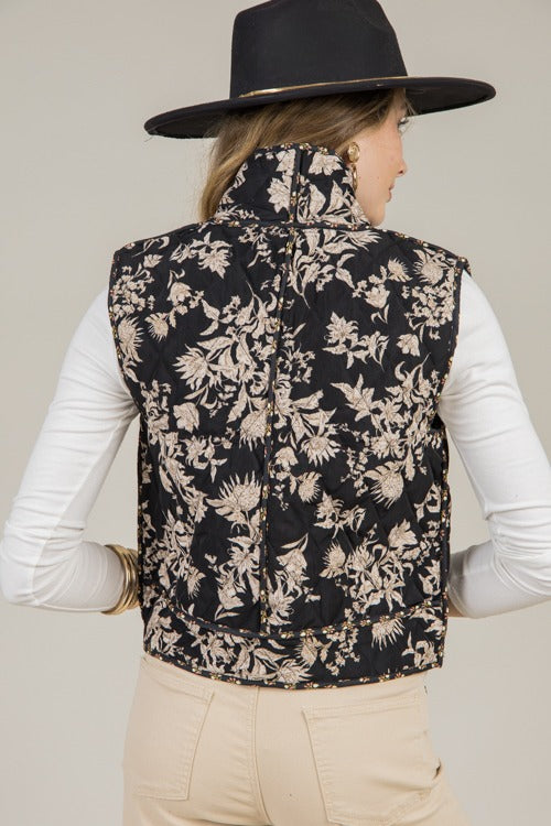 Floral Print Tie Vest, Black