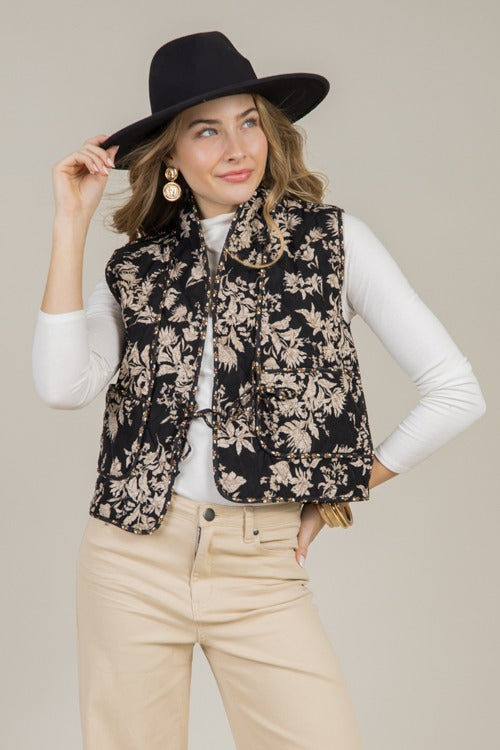 Floral Print Tie Vest, Black