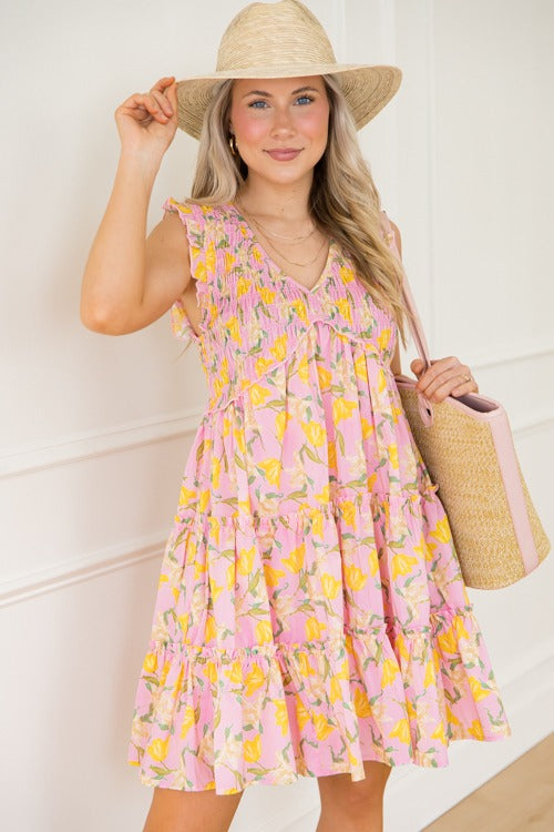 Daffodil Smock Dress, Pink/Yellow