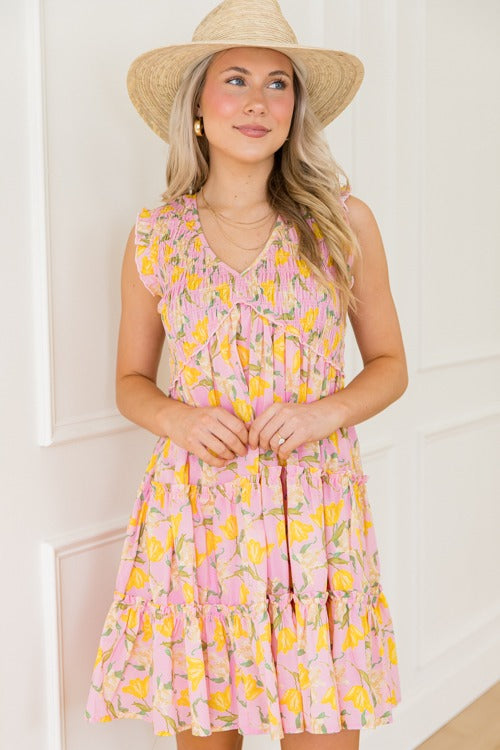 Daffodil Smock Dress, Pink/Yellow