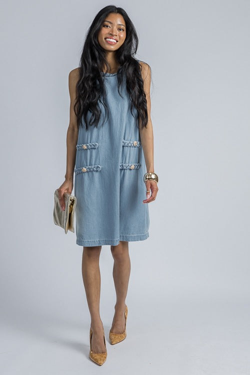 Braided Trim Chambray Dress, Light